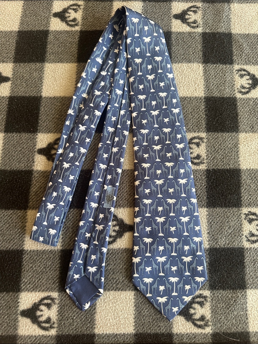 Hermes Navy Blue Silk Tie with White Palm Tree Pattern